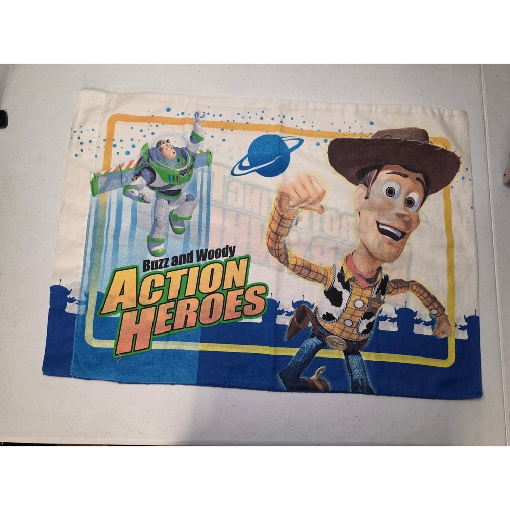 Disney Pixar Toy Story Buzz and Woody Action Heroes Pillowcase Blue White